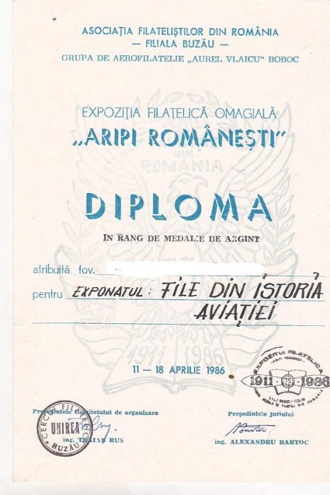 bnk fil Diploma Expozitia filatelica Aripi romanesti Buzau 1986
