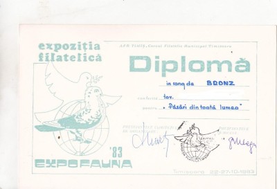 bnk fil Diploma Expozitia filatelica Expofauna 83 Timisoara foto