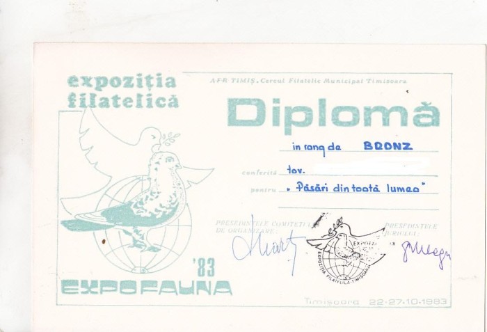 bnk fil Diploma Expozitia filatelica Expofauna 83 Timisoara