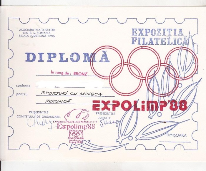 bnk fil Diploma Expozitia filatelica Expolimp Timisoara 1988