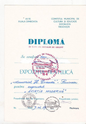 bnk fil Diploma Expozitia filatelica Aeromfila 84 Pucioasa (2) foto