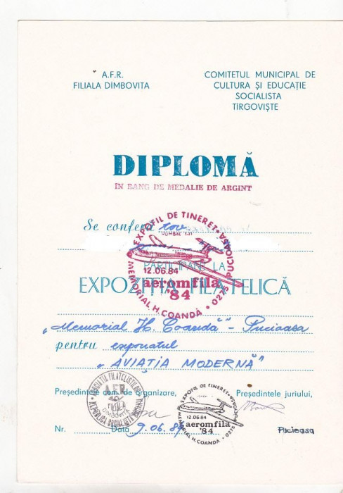 bnk fil Diploma Expozitia filatelica Aeromfila 84 Pucioasa (2)