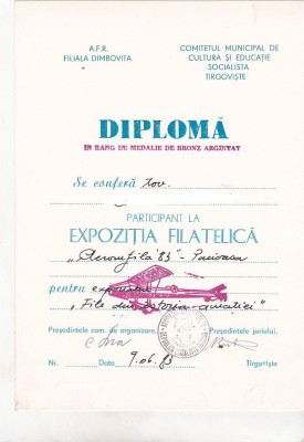 bnk fil Diploma Expozitia filatelica Aeromfila 83 Pucioasa foto