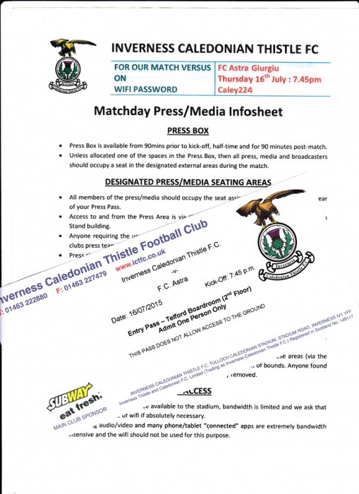 Matchday Press si Entry Pass : INVERNESS FC - ASTRA GIURGIU ( Europa League) foto mare Matchday Press si Entry Pass : INVERNESS FC - ASTRA GIURGIU ( Europa League) foto mare