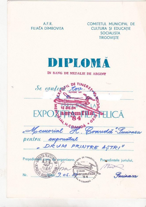 bnk fil Diploma Expozitia filatelica Aeromfila 84 Pucioasa