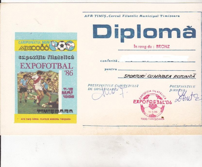 bnk fil Diploma Expozitia filatelica ExpoFotbal 86 Timisoara