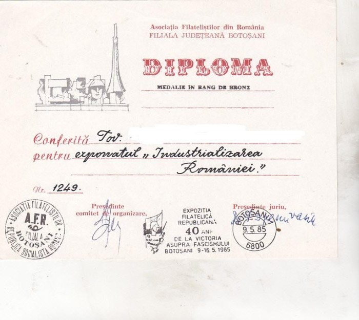 bnk fil Diploma Expo fil republicana 40 ani de la victorie Botosani 1985 foto mare bnk fil Diploma Expo fil republicana 40 ani de la victorie Botosani 1985 foto mare