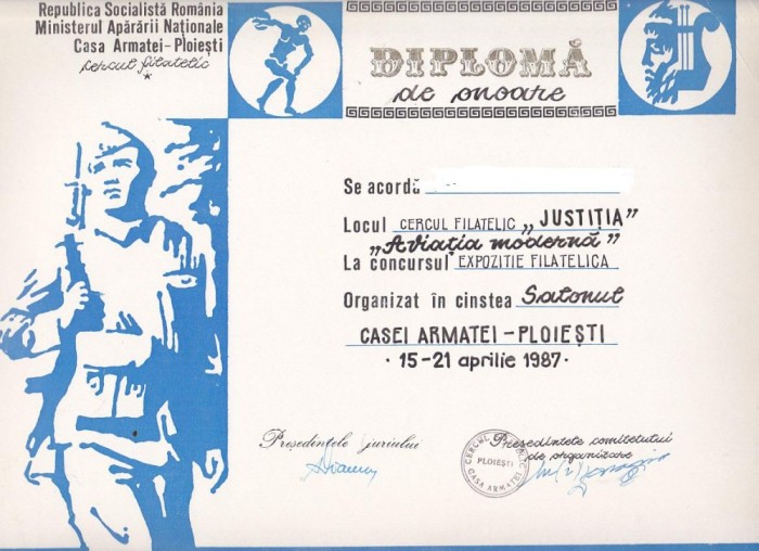 bnk fil Diploma Expozitia filatelica Salonul Casei Armatei Ploiesti 1987 foto mare bnk fil Diploma Expozitia filatelica Salonul Casei Armatei Ploiesti 1987 foto mare