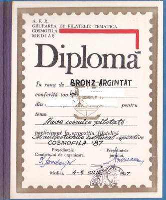 bnk fil Diploma Expozitia filatelica Cosmofila 1987 Medias foto