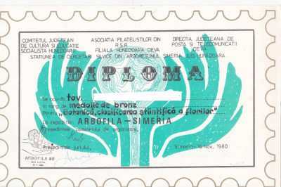 bnk fil Diploma Expozitia filatelica Arbofila Simeria 1980 foto