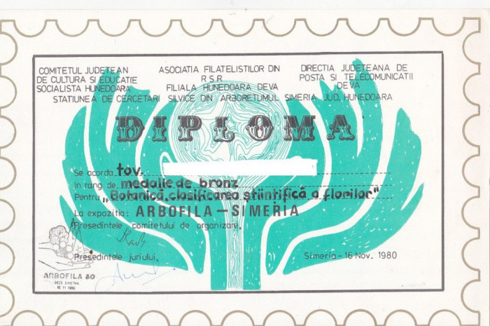 bnk fil Diploma Expozitia filatelica Arbofila Simeria 1980