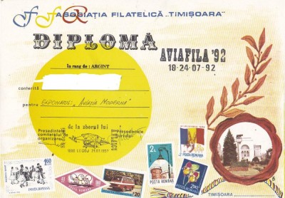 bnk fil Diploma Expozitia filatelica Aviafila 92 Timisoara foto