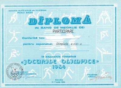 bnk fil Diploma Expozitia filatelica Jocurile Olimpice 1984 Bacau foto