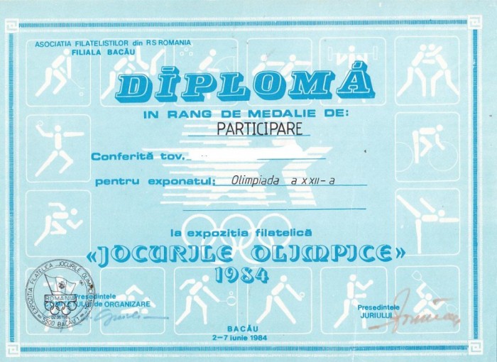 bnk fil Diploma Expozitia filatelica Jocurile Olimpice 1984 Bacau