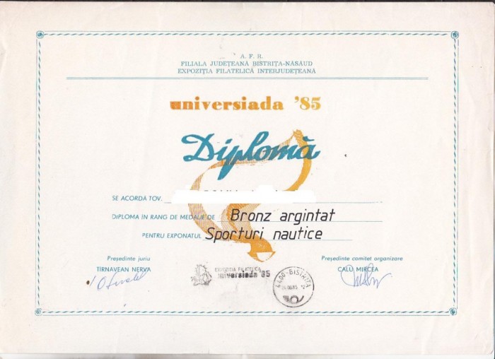 bnk fil Diploma Expozitia filatelica Universiada 85 Bistrita
