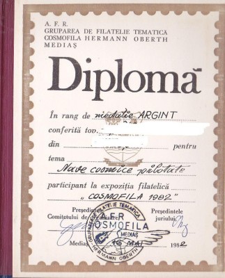 bnk fil Diploma Expozitia filatelica Cosmofila 1982 Medias foto
