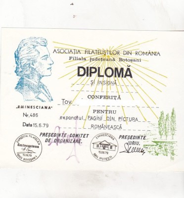bnk fil Diploma Expozitia filatelica Eminesciana Botosani 1979 foto