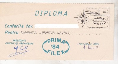 bnk fil Diploma Expozitia filatelica Primafilex `84 foto