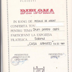 bnk fil Diploma Expozitia filatelica Salonul Casei Armatei Ploiesti 1989
