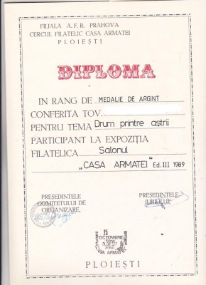 bnk fil Diploma Expozitia filatelica Salonul Casei Armatei Ploiesti 1989 foto