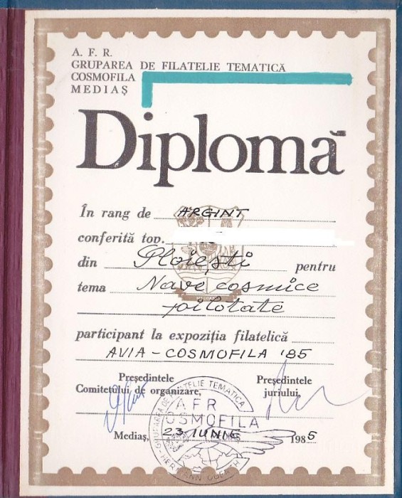 bnk fil Diploma Expozitia filatelica Cosmofila 1985 Medias