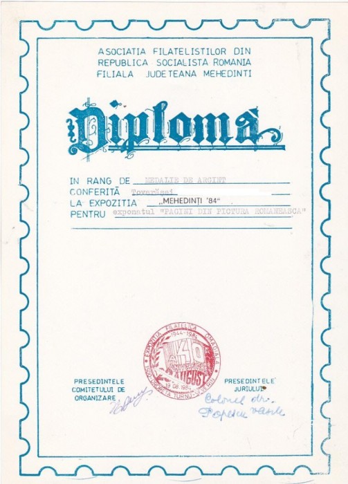 bnk fil Diploma Expozitia filatelica Mehedinti 84 Drobeta Turnu Severin