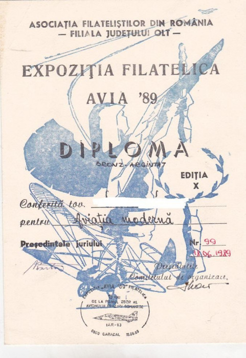 bnk fil Diploma Expozitia filatelica Avia 89 Caracal