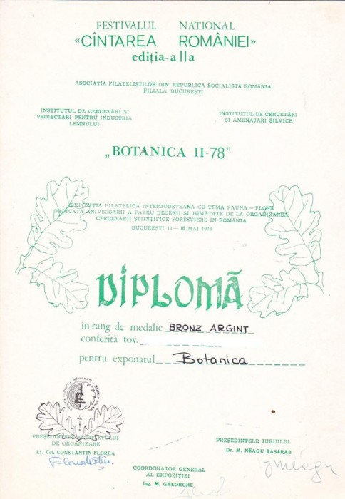 bnk fil Diploma Expozitia filatelica Botanica II - 78 Bucuresti foto mare bnk fil Diploma Expozitia filatelica Botanica II - 78 Bucuresti foto mare