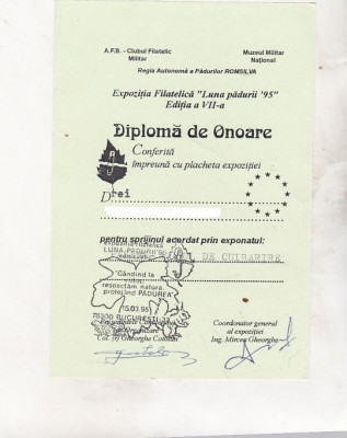 bnk fil Diploma Expozitia filatelica Luna padurii 95 Bucuresti foto