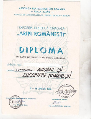 bnk fil Diploma Expozitia filatelica Aripi romanesti Buzau 1986 foto