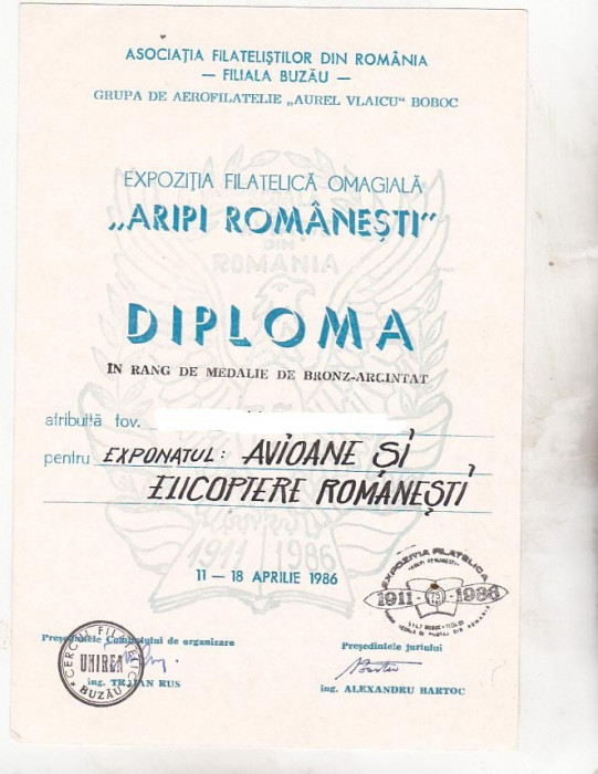 bnk fil Diploma Expozitia filatelica Aripi romanesti Buzau 1986