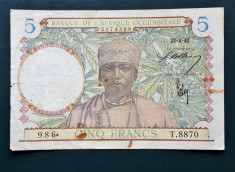 Africa Occidentala 5 Francs 1942 P#25 [1] foto