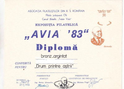 bnk fil Diploma Expozitia filatelica Avia 83 Deveselu foto