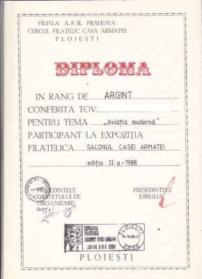 bnk fil Diploma Expozitia filatelica Salonul Casei Armatei Ploiesti 1988 foto