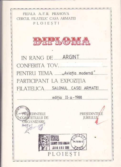 bnk fil Diploma Expozitia filatelica Salonul Casei Armatei Ploiesti 1988
