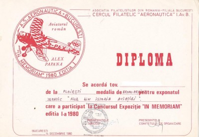 bnk fil Diploma Expozitia filatelica In memoriam 1980 Bucuresti foto