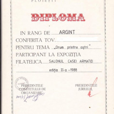 bnk fil Diploma Expozitia filatelica Salonul Casei Armatei Ploiesti 1988