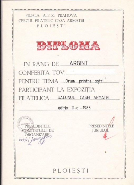 bnk fil Diploma Expozitia filatelica Salonul Casei Armatei Ploiesti 1988