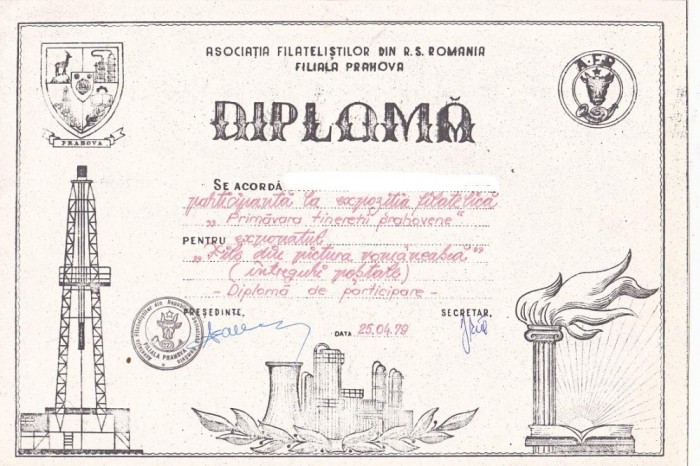 bnk fil Diploma Expofil Primavara tineretii prahovene Ploiesti 1979
