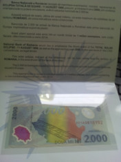 Bancnota 2000 de lei, eclipsa 1999 BNR, necirculata, cu atestat BNR foto