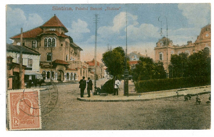 648 - SLATINA, Olt, park, bank - old postcard - used - 1920 - TCV