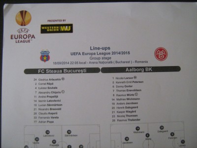 Steaua Bucuresti - Aalborg BK (18 septembrie 2014) / foaie de joc foto