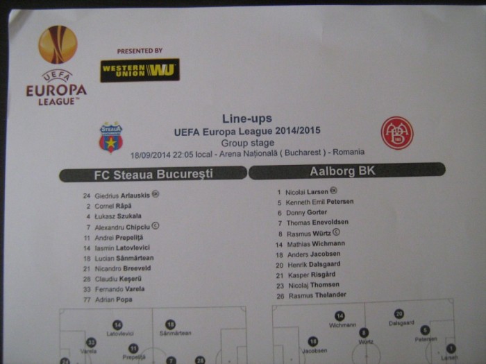 Steaua Bucuresti - Aalborg BK (18 septembrie 2014) / foaie de joc Steaua Bucuresti - Aalborg BK (18 septembrie 2014) / foaie de joc