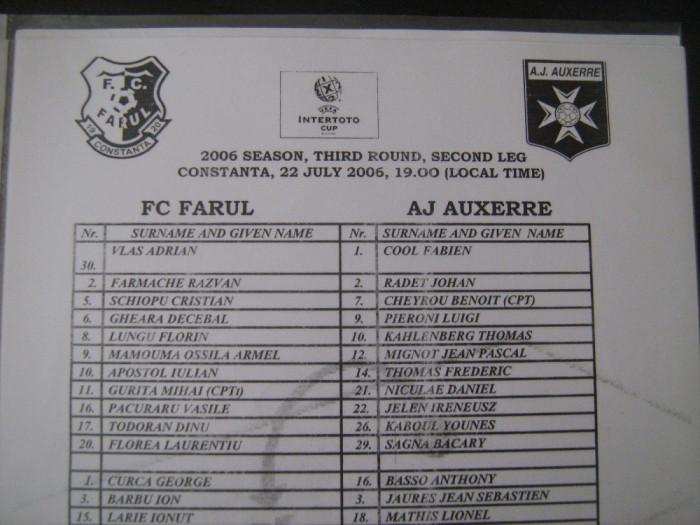 Farul Constanta - AJ Auxerre (22 iulie 2006) / foaie de joc