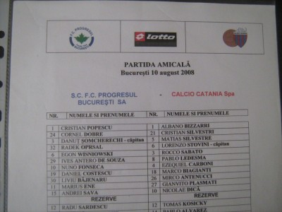 Progresul Bucuresti - Calcio Catania (10 august 2008) / foaie de joc foto
