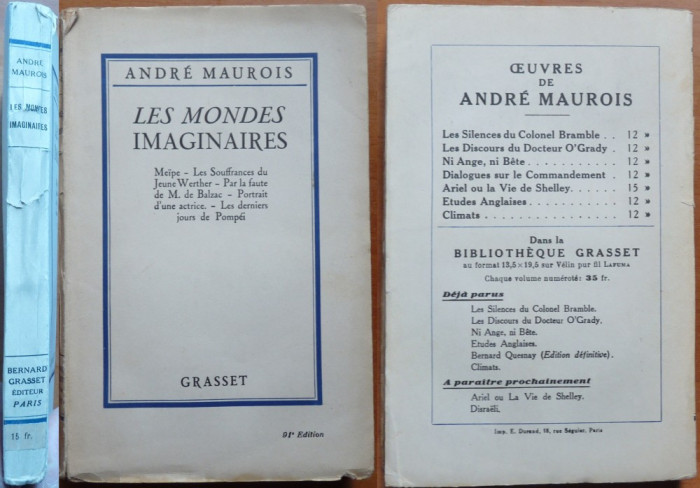 Andre Maurois , Les mondes imaginaires ,Paris ,1929 , editia 1