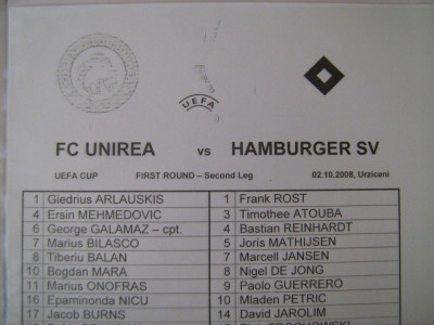 Unirea Urziceni - Hamburger SV (2 octombrie 2008) / foaie de joc foto