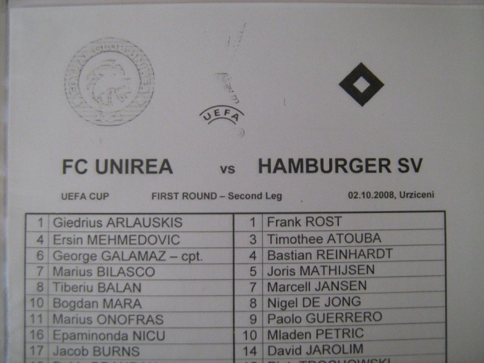 Unirea Urziceni - Hamburger SV (2 octombrie 2008) / foaie de joc