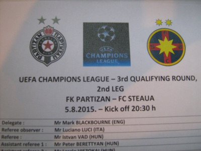 Partizan Belgrad - Steaua Bucuresti (5 august 2015) / foaie de joc foto