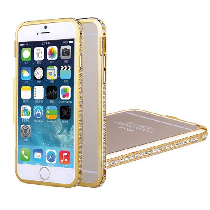 Bumper metal auriu gold cristale Iphone 6 4,7&quot; + folie protectie ecran